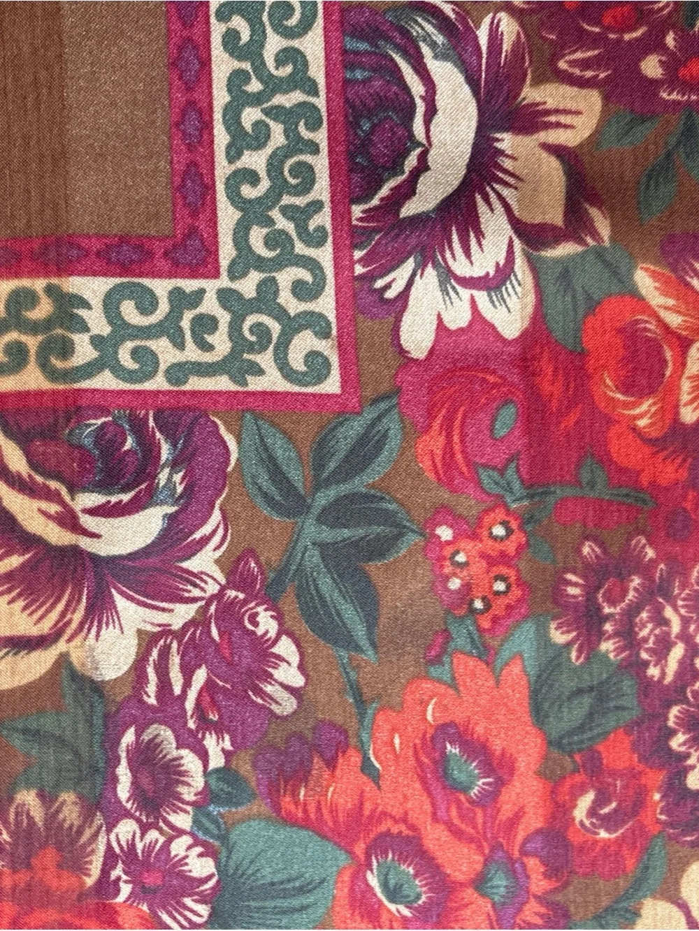 Vintage Liz Claiborne Square Scarf Brown with Large Roses/Floral Detail Preppy